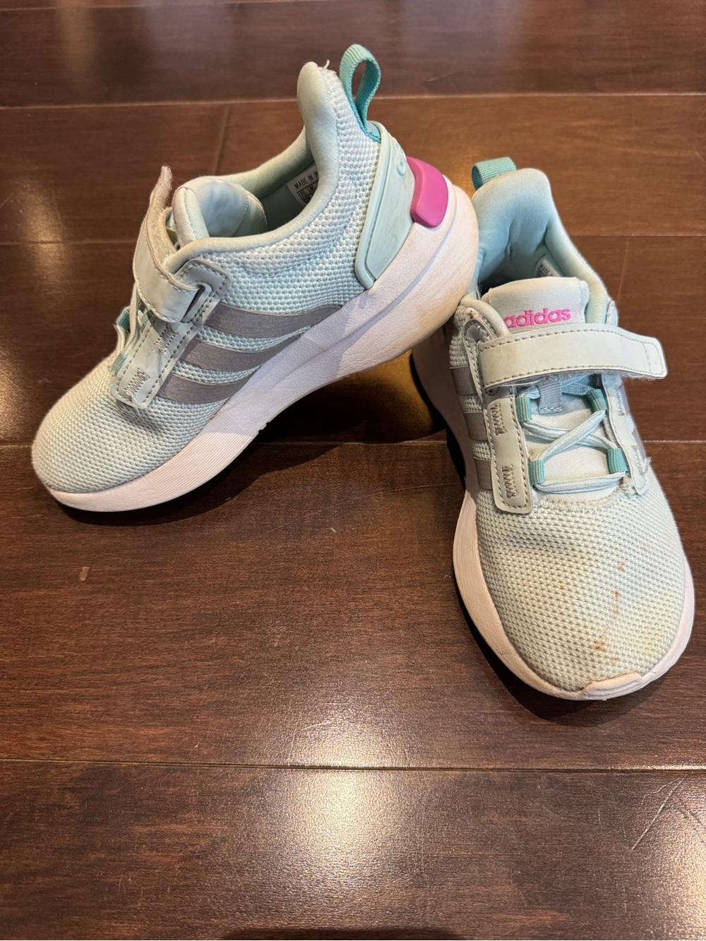 adidas Kids Mint Green Sneakers with Pink Heel Detail